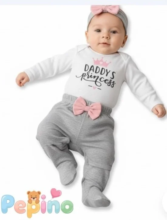 Гащеризони , комплекти , блузки , панталонки Комплект от боди Екрю , ританка и лента  